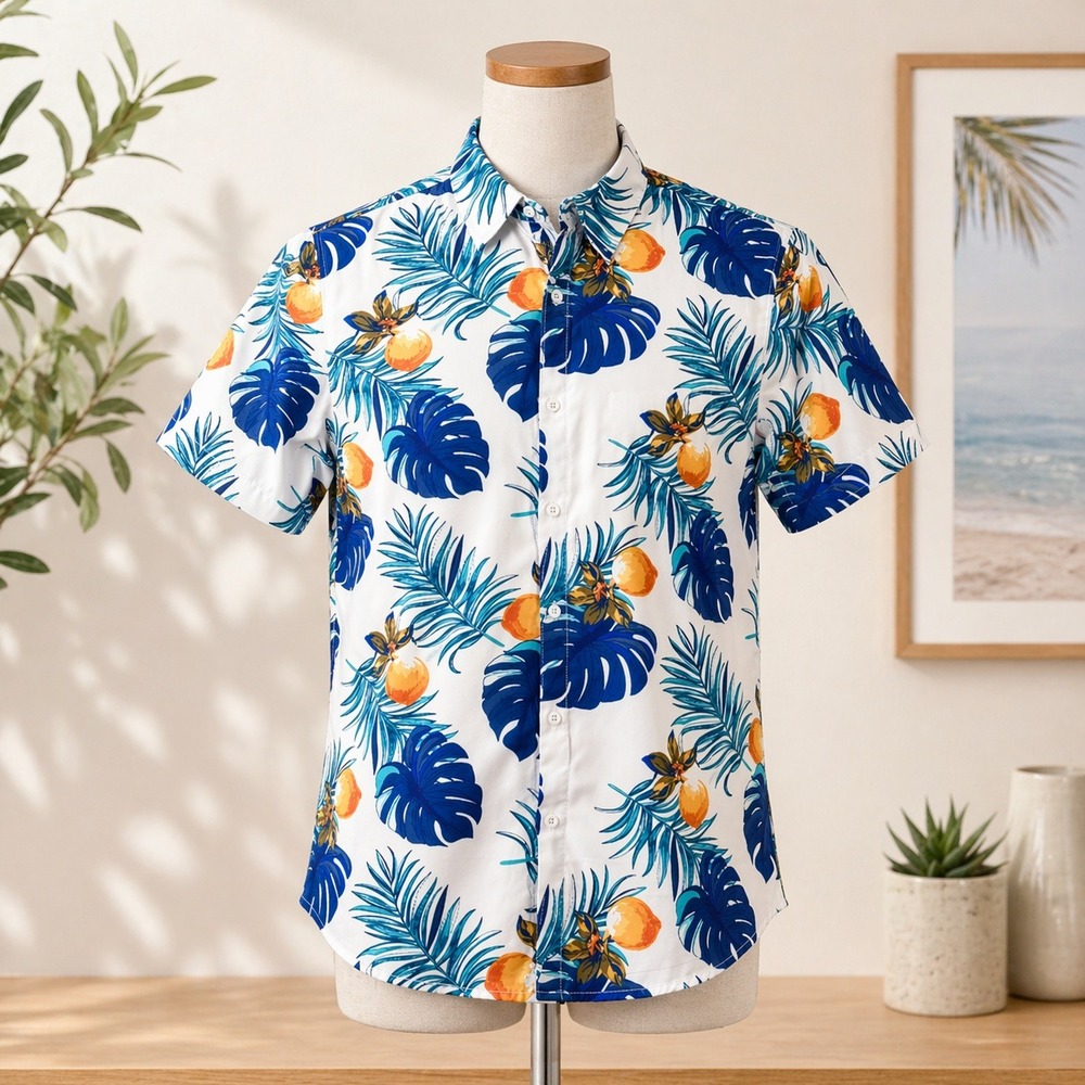 Mens Tropical Fruit Palm‎ Leaf Print Short Sleeve Button Down Shirt XL